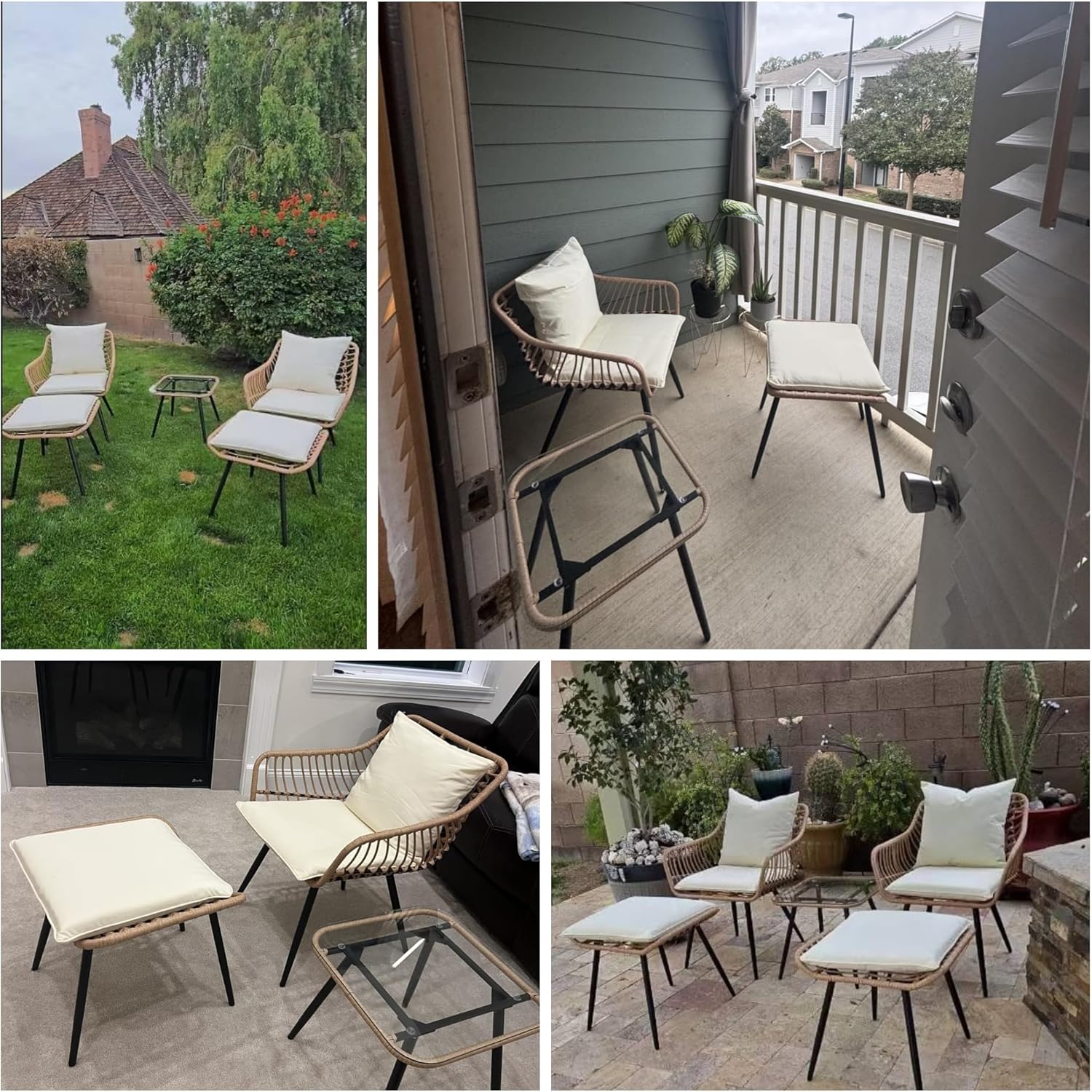 5 Piece Patio Furniture Set, Outdoor Wicker Small Conversation Bistro Set, All-Weather PE Rattan Chairs with Ottoman & Coffee Table, Ideal for Balcony Porch Deck Yard Poolside (Yellow/Beige)