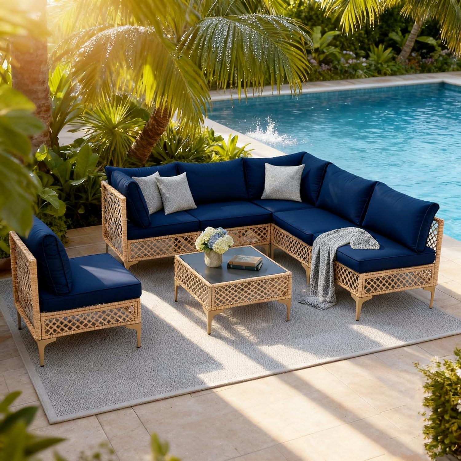 7 Piece Patio Furniture Set, Outdoor Sectional Wicker Conversation Set with Water Resistant Thick Cushions & Coffee Table for Poolside, Backyard, Garden, Yard, Natural/Blue