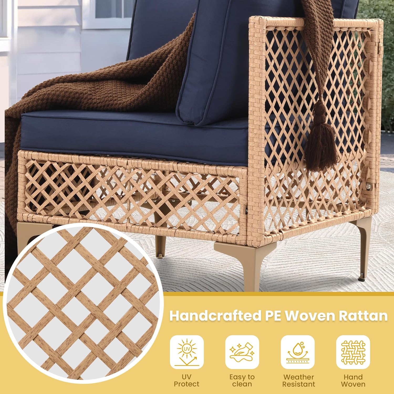 7 Piece Patio Furniture Set, Outdoor Sectional Wicker Conversation Set with Water Resistant Thick Cushions & Coffee Table for Poolside, Backyard, Garden, Yard, Natural/Blue