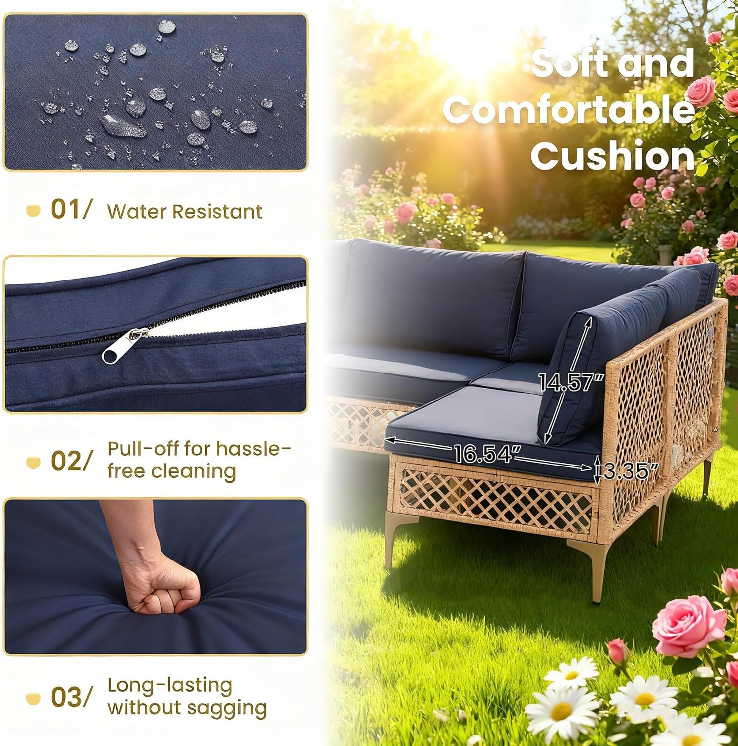 7 Piece Patio Furniture Set, Outdoor Sectional Wicker Conversation Set with Water Resistant Thick Cushions & Coffee Table for Poolside, Backyard, Garden, Yard, Natural/Blue