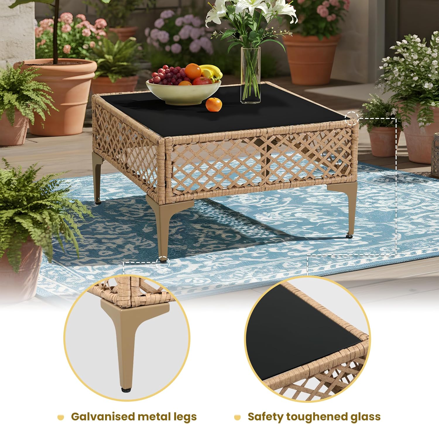 7 Piece Patio Furniture Set, Outdoor Sectional Wicker Conversation Set with Water Resistant Thick Cushions & Coffee Table for Poolside, Backyard, Garden, Yard, Natural/Blue