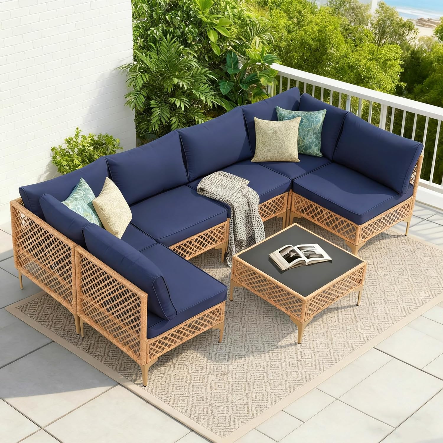 7 Piece Patio Furniture Set, Outdoor Sectional Wicker Conversation Set with Water Resistant Thick Cushions & Coffee Table for Poolside, Backyard, Garden, Yard, Natural/Blue