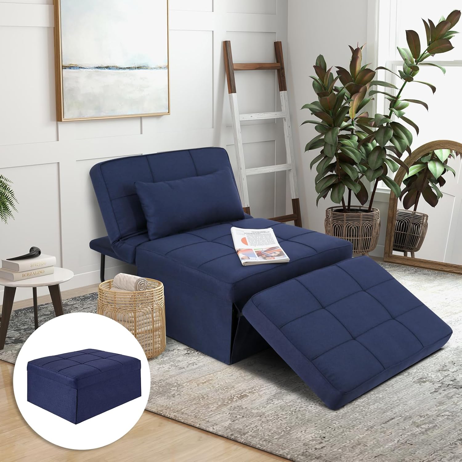 Sleeper Chair Bed, 4-in-1 Convertible Futon Ottoman Bed Sleeper, Foldable Sofa Couch with Adjustable Backrest for Guest Room/Office Living Room, No Assembly Required, 29” Width, Dark Blue