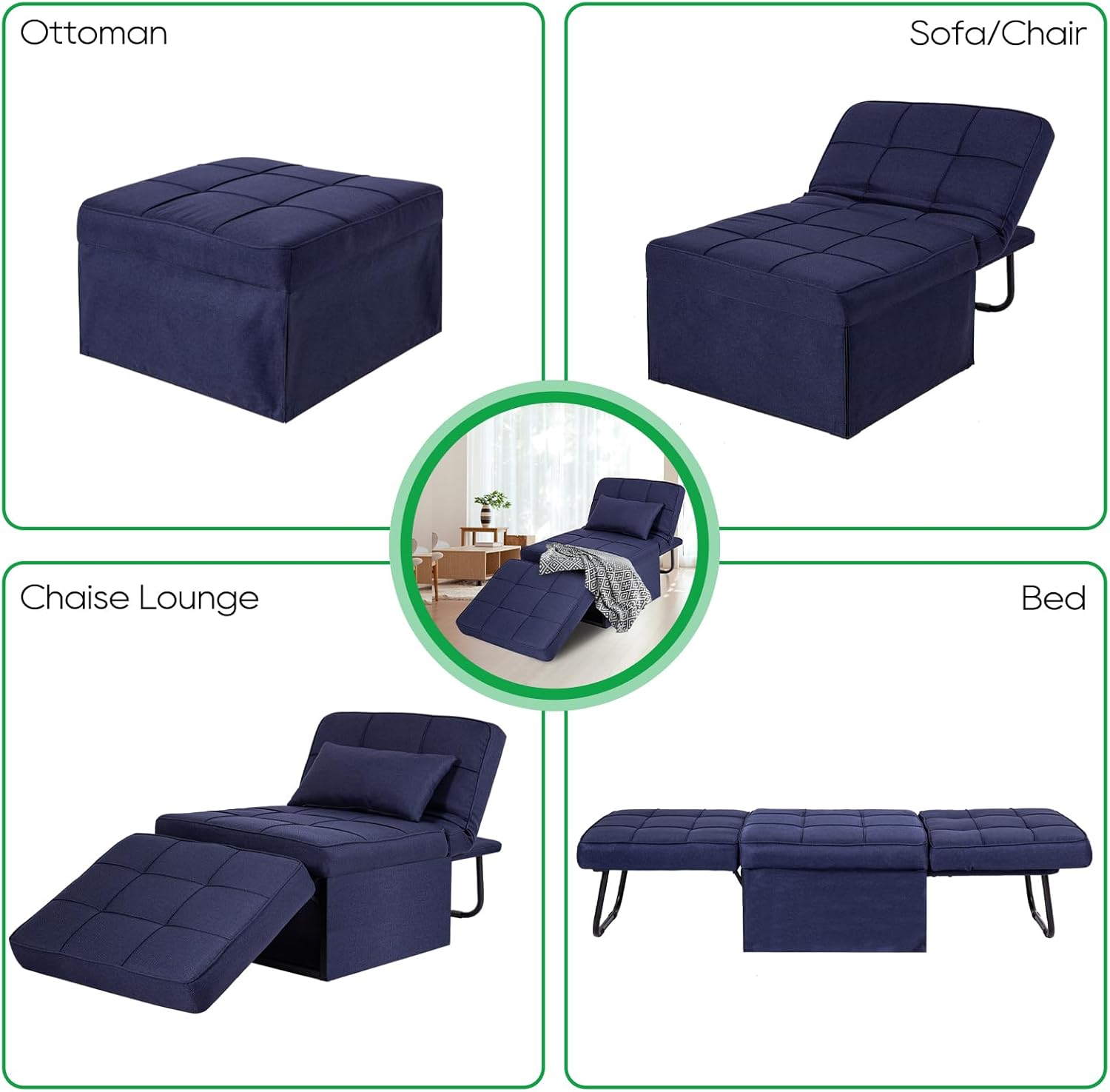 Sleeper Chair Bed, 4-in-1 Convertible Futon Ottoman Bed Sleeper, Foldable Sofa Couch with Adjustable Backrest for Guest Room/Office Living Room, No Assembly Required, 29” Width, Dark Blue