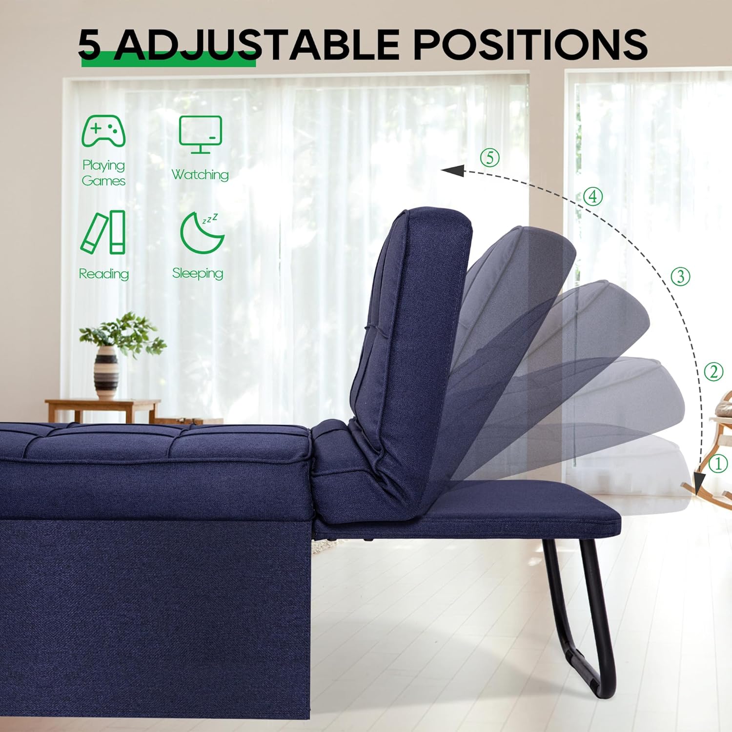 Sleeper Chair Bed, 4-in-1 Convertible Futon Ottoman Bed Sleeper, Foldable Sofa Couch with Adjustable Backrest for Guest Room/Office Living Room, No Assembly Required, 29” Width, Dark Blue