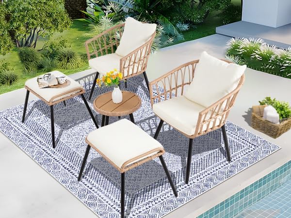 5 Piece Patio Bistro Set with Ottoman, Outdoor Wicker Apartment Balcony Furniture Sets, Rattan Table and Chairs Set of 2 for Porch Backyard Deck, Yellow,Beige