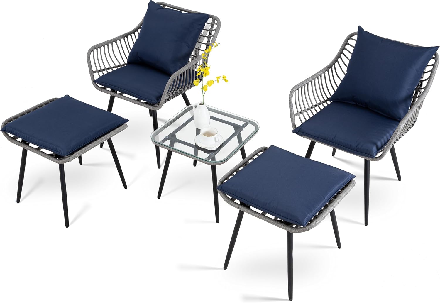 5 Piece Patio Furniture Set, Outdoor Wicker Small Conversation Bistro Set, All-Weather PE Rattan Chairs with Ottoman & Coffee Table, Ideal for Balcony Porch Deck Yard Poolside (Grey/Blue)