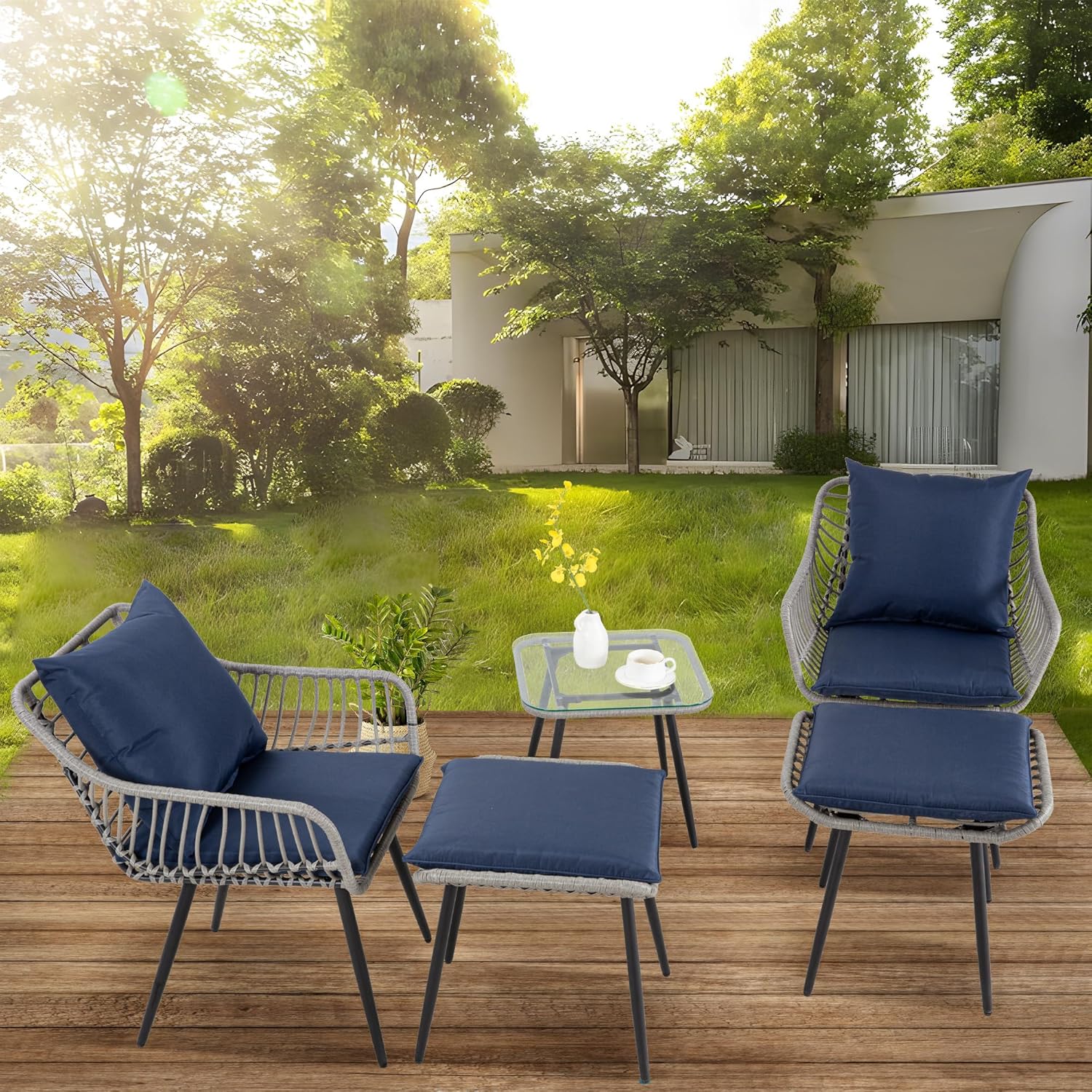 5 Piece Patio Furniture Set, Outdoor Wicker Small Conversation Bistro Set, All-Weather PE Rattan Chairs with Ottoman & Coffee Table, Ideal for Balcony Porch Deck Yard Poolside (Grey/Blue)