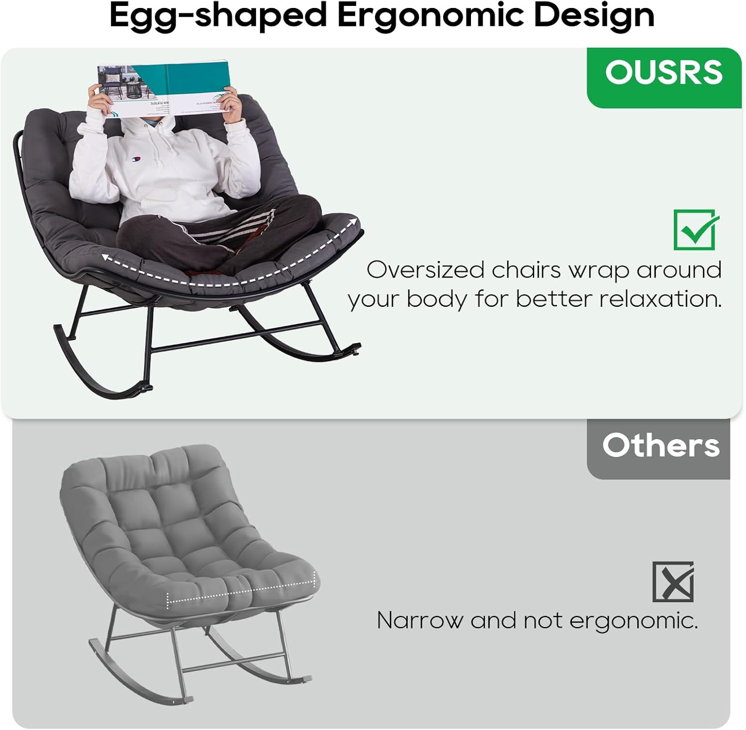 Patio Rocking Papasan Chair, Outdoor & Indoor Egg Reading Chair, Oversized Royal Comfy Cozy Lounge Rocker Recliner with Large Cushion, Steel Frame and Ottoman for Bedroom, Living Room, Gray