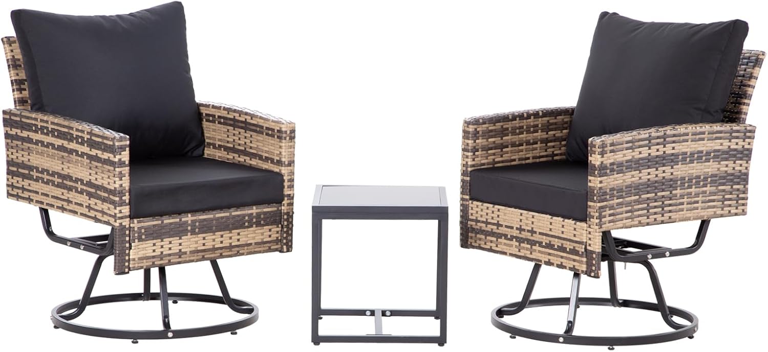Outdoor Swivel Wicker Patio Chairs Set, 3 Piece Patio Furniture Bistro Set with Glass Coffee Table & Thickened Cushion for Outside Backyard Porch Garden Poolside Balcony, Brown/Black