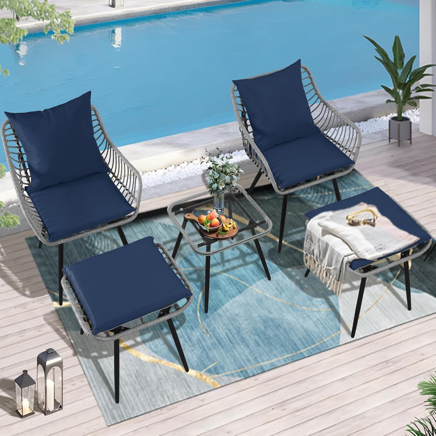 5 Piece Patio Furniture Set, Outdoor Wicker Small Conversation Bistro Set, All-Weather PE Rattan Chairs with Ottoman & Coffee Table, Ideal for Balcony Porch Deck Yard Poolside (Grey/Blue)