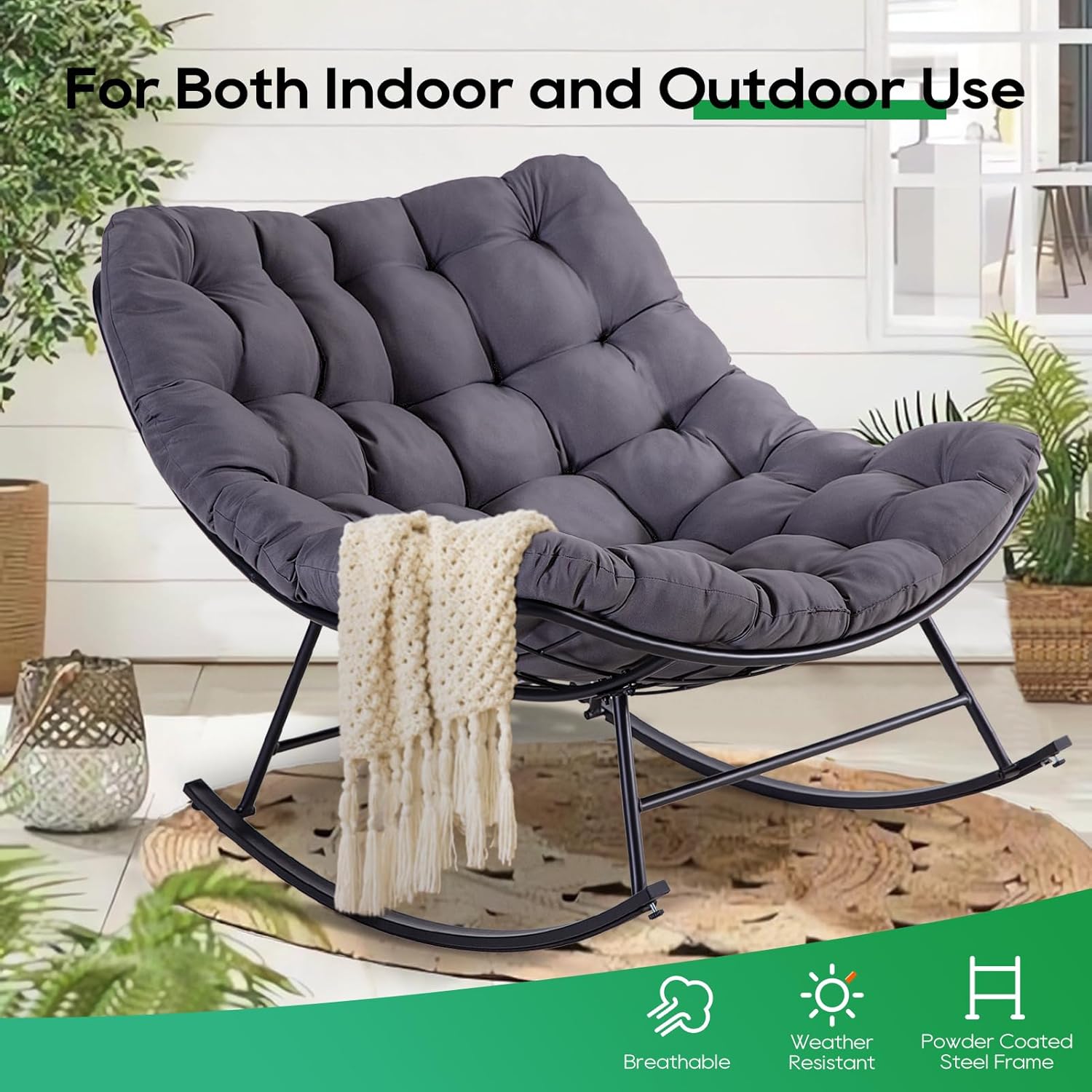 Patio Rocking Papasan Chair, Outdoor & Indoor Egg Reading Chair, Oversized Royal Comfy Cozy Lounge Rocker Recliner with Large Cushion, Steel Frame and Ottoman for Bedroom, Living Room, Gray