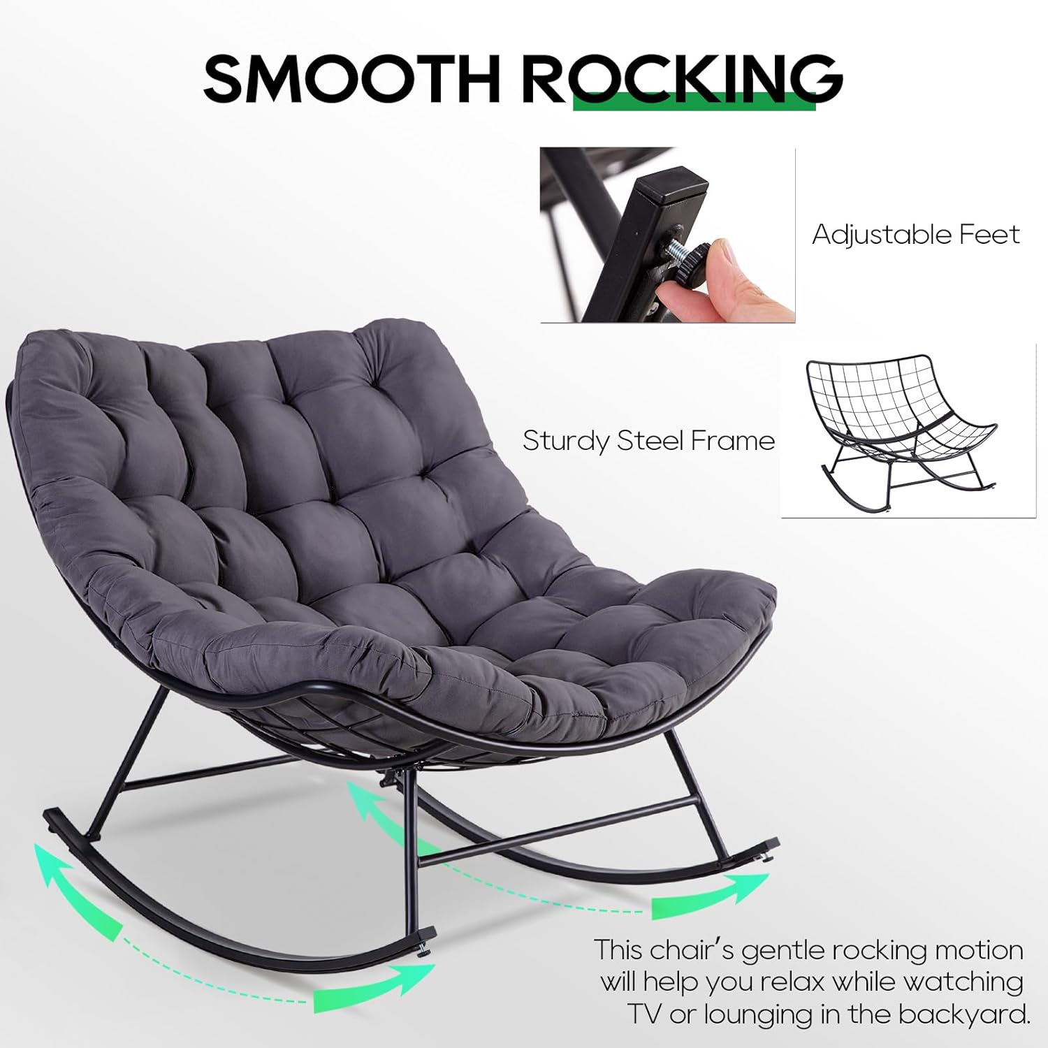 Patio Rocking Papasan Chair, Outdoor & Indoor Egg Reading Chair, Oversized Royal Comfy Cozy Lounge Rocker Recliner with Large Cushion, Steel Frame and Ottoman for Bedroom, Living Room, Gray