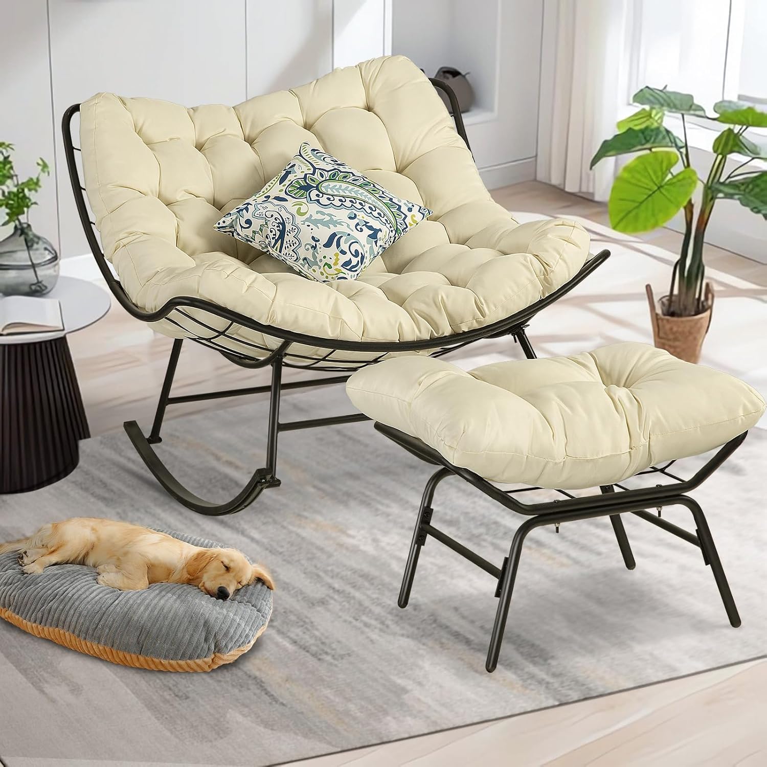 Patio Rocking Papasan Chair, Outdoor & Indoor Egg Reading Chair, Oversized Royal Comfy Cozy Lounge Rocker Recliner with Large Cushion, Steel Frame and Ottoman for Bedroom, Living Room,Beige