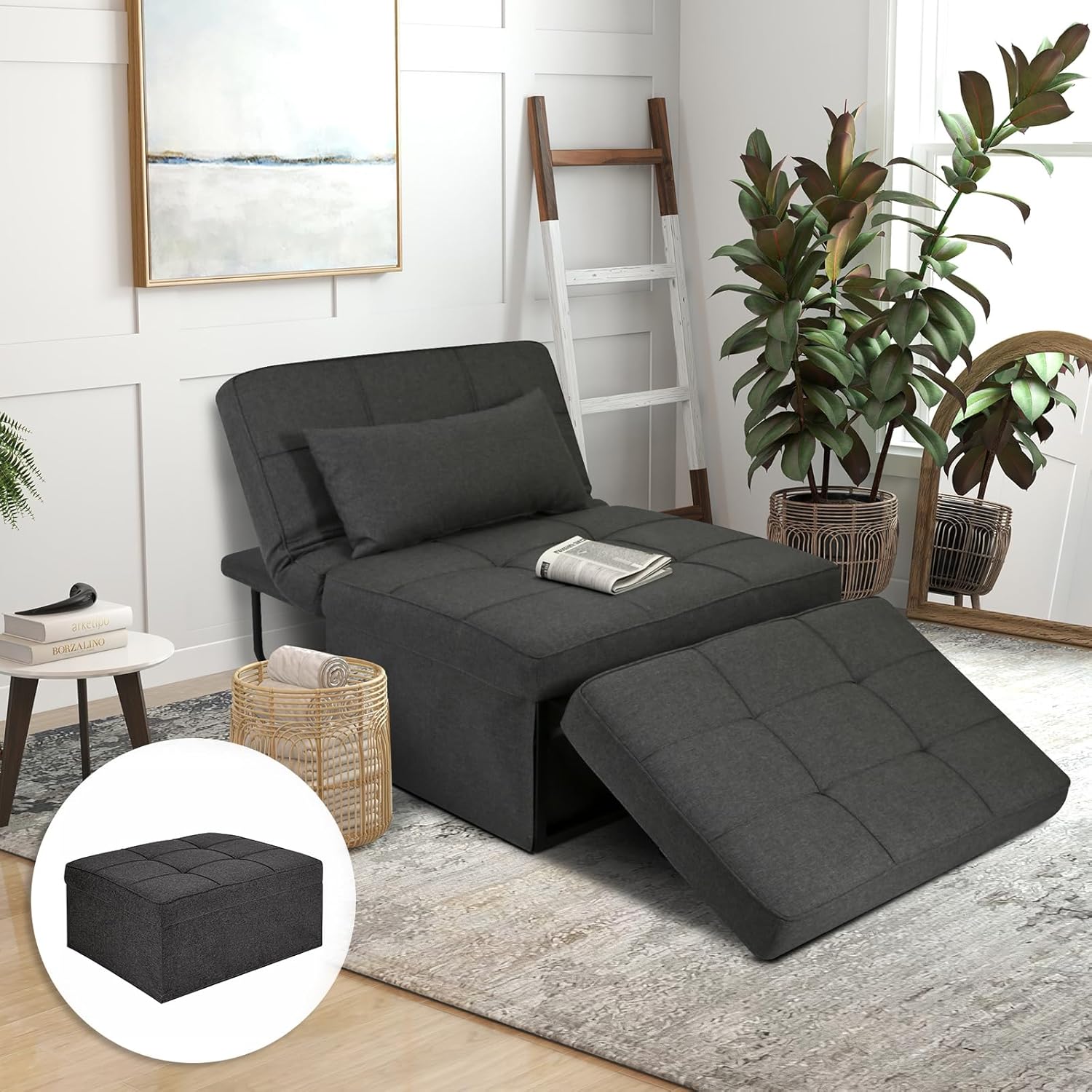 Sleeper Chair Bed, 4-in-1 Convertible Futon Ottoman Bed Sleeper