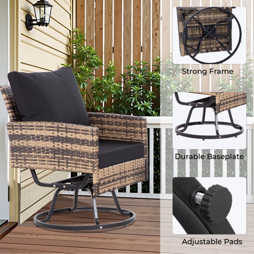 Outdoor Swivel Wicker Patio Chairs Set, 3 Piece Patio Furniture Bistro Set with Glass Coffee Table & Thickened Cushion for Outside Backyard Porch Garden Poolside Balcony, Brown/Black