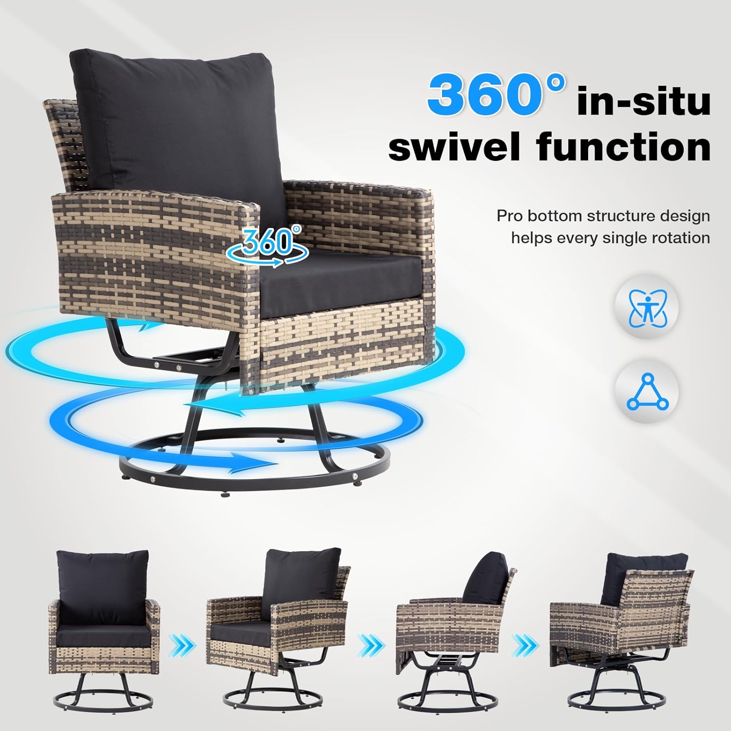 Outdoor Swivel Wicker Patio Chairs Set, 3 Piece Patio Furniture Bistro Set with Glass Coffee Table & Thickened Cushion for Outside Backyard Porch Garden Poolside Balcony, Brown/Black