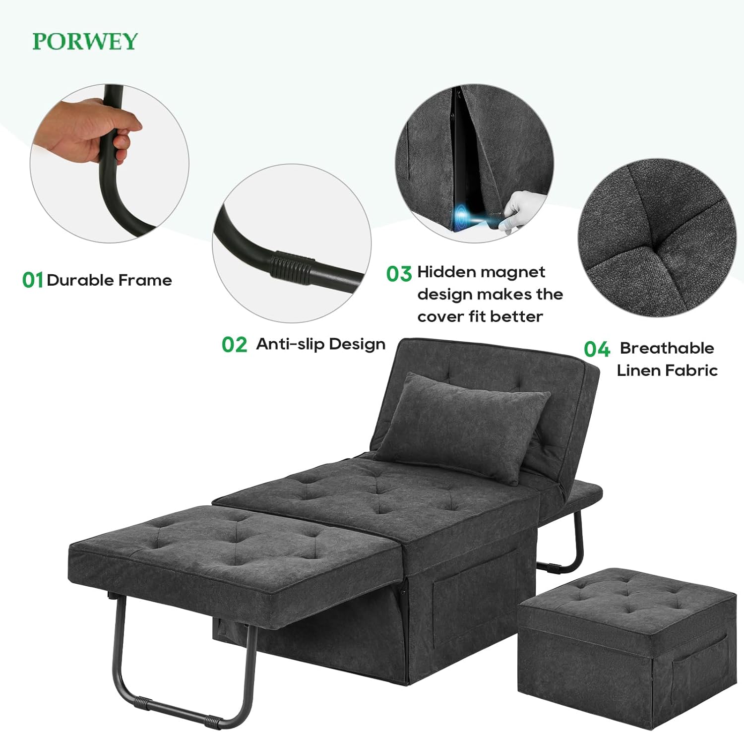 Sleeper Chair Sofa Bed, 4-in-1 Convertible Futon Chair Multi-Function Couch Folding Ottoman with Adjustable Backrest for Living Room Apartment Office, No Assembly Required, 29” Width,Dark Gray