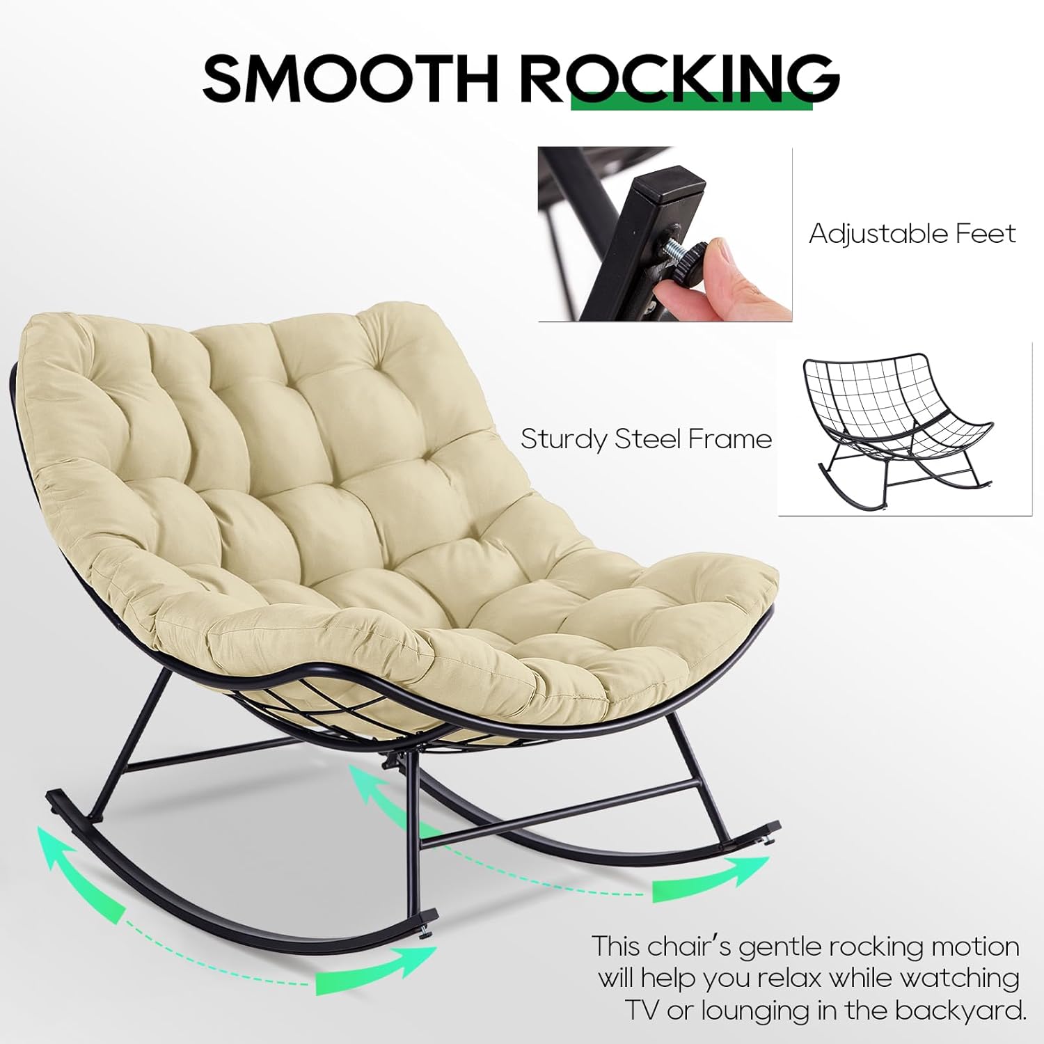 Patio Rocking Papasan Chair, Outdoor & Indoor Egg Reading Chair, Oversized Royal Comfy Cozy Lounge Rocker Recliner with Large Cushion, Steel Frame and Ottoman for Bedroom, Living Room,Beige