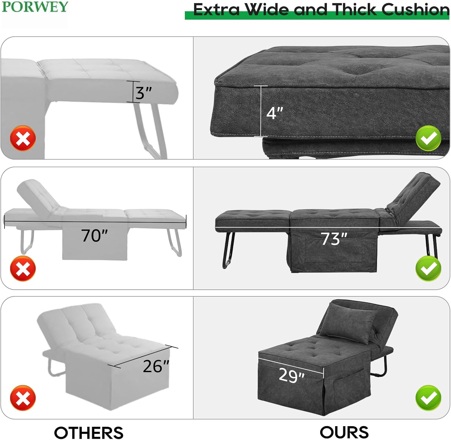 Sleeper Chair Sofa Bed, 4-in-1 Convertible Futon Chair Multi-Function Couch Folding Ottoman with Adjustable Backrest for Living Room Apartment Office, No Assembly Required, 29” Width,Dark Gray