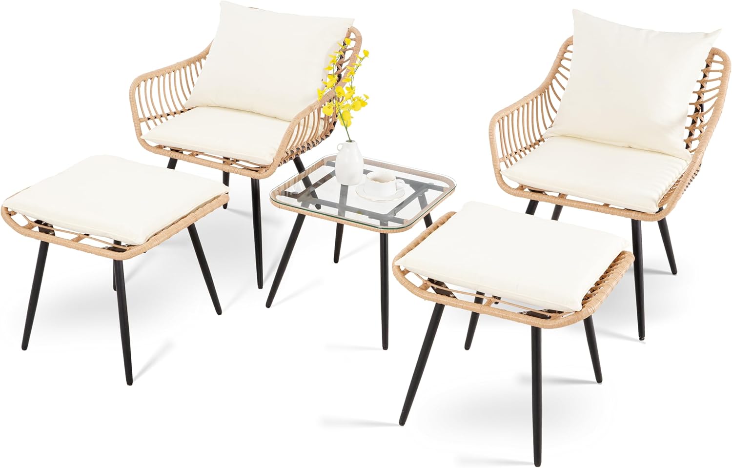 5 Piece Patio Furniture Set, Outdoor Wicker Small Conversation Bistro Set, All-Weather PE Rattan Chairs with Ottoman & Coffee Table, Ideal for Balcony Porch Deck Yard Poolside (Yellow/Beige)