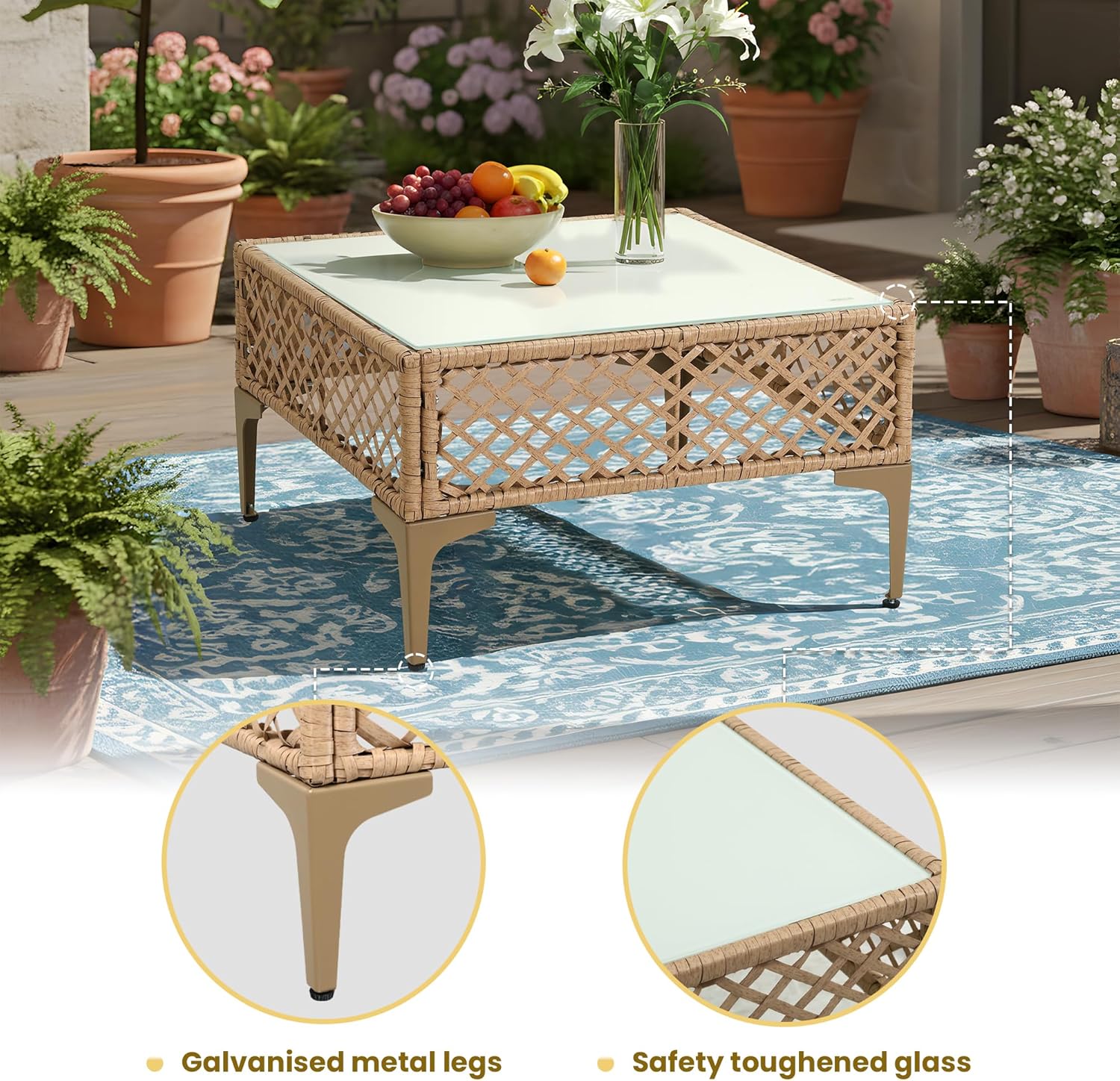 7-Piece Outdoor Sectional Sofa Set, Boho Rattan Patio Furniture with Thick Cushions and Coffee Table, All-Weather Conversation Set for Deck, Yard or Poolside, Natural/Beige