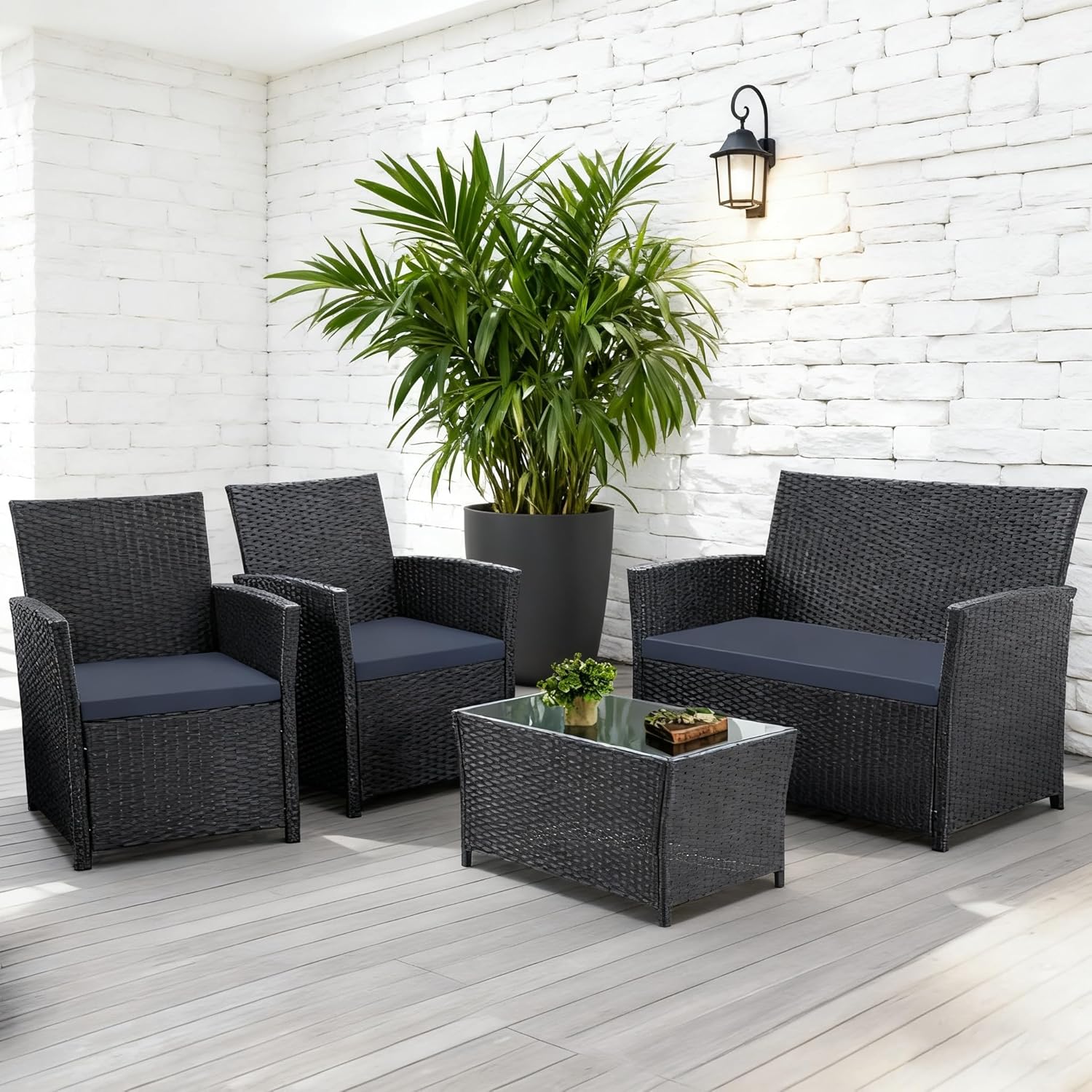 Patio Outdoor Furniture 4 Pieces Sectional Sofa Set Balcony Furniture Wicker Rattan Chairs with Table and Loveseat for Garden, Porch, Backyard, Black Wicker/Blue Cushion