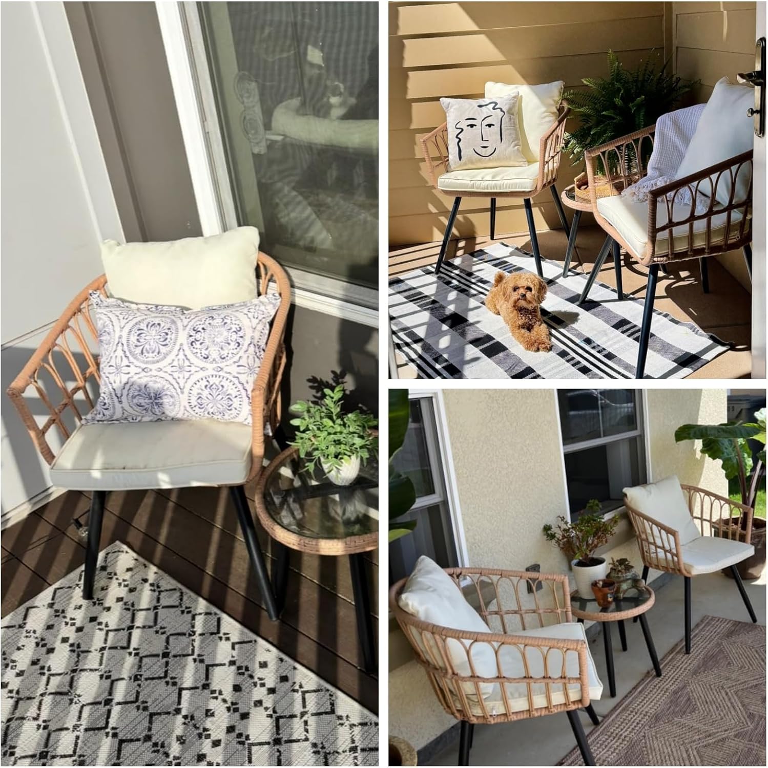 3 Piece Patio Bistro Set, Outdoor Wicker Furniture with Comfortable Cushions, Glass Top Table & 2 Rattan Chairs for Balcony, Apartment, Backyard, Porch, Deck, Beige