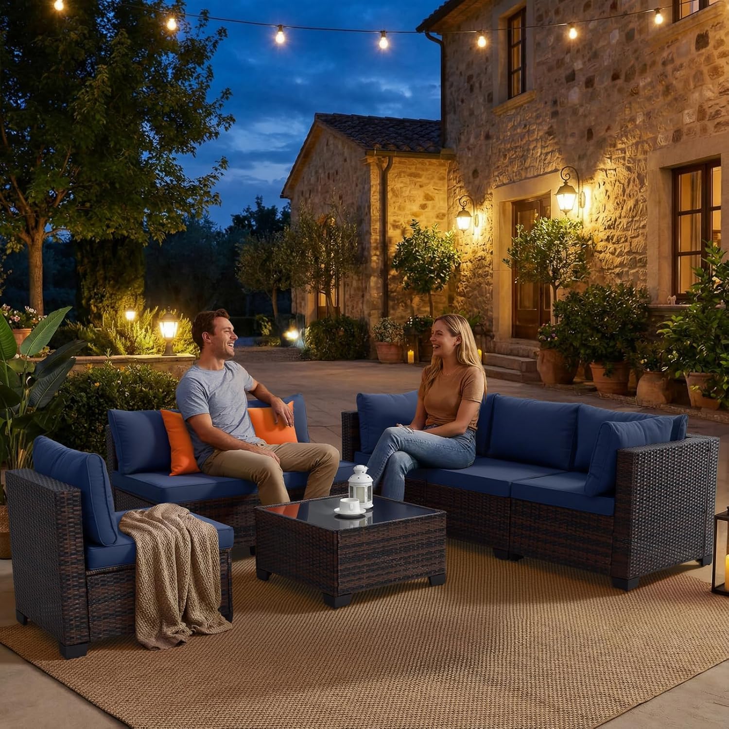 7 Piece Outdoor Wicker Patio Furniture Set, Rattan Sectional Sofa Conversation Set with Coffee Table & Cushions, for Poolside Backyard Garden Porch, Brown Wicker/Blue Cushion