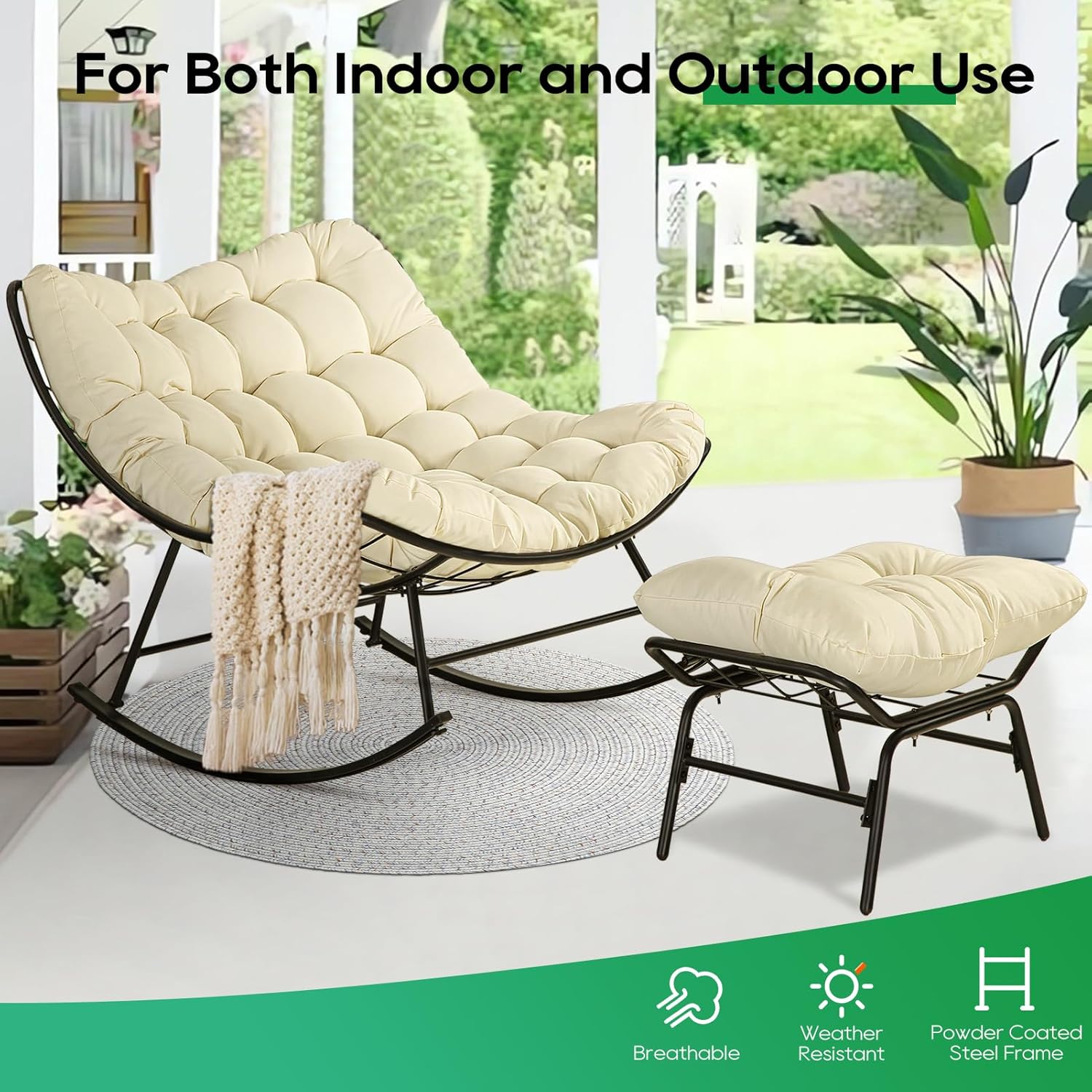 Patio Rocking Papasan Chair, Outdoor & Indoor Egg Reading Chair, Oversized Royal Comfy Cozy Lounge Rocker Recliner with Large Cushion, Steel Frame and Ottoman for Bedroom, Living Room,Beige