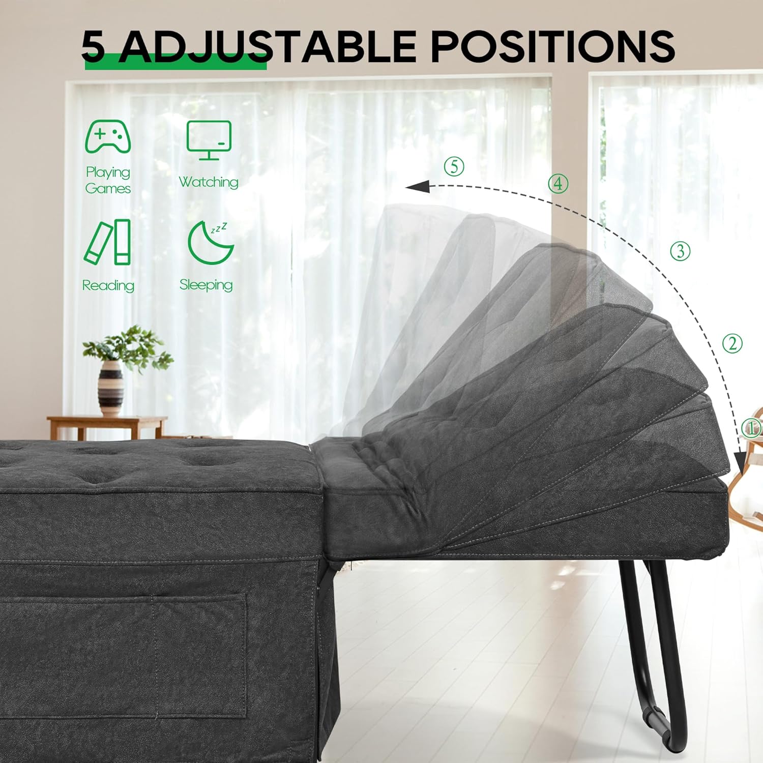 Sleeper Chair Sofa Bed, 4-in-1 Convertible Futon Chair Multi-Function Couch Folding Ottoman with Adjustable Backrest for Living Room Apartment Office, No Assembly Required, 29” Width,Dark Gray