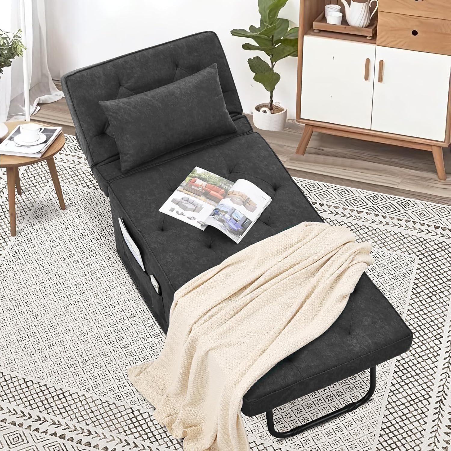 Sleeper Chair Sofa Bed, 4-in-1 Convertible Futon Chair Multi-Function Couch Folding Ottoman with Adjustable Backrest for Living Room Apartment Office, No Assembly Required, 29” Width,Dark Gray