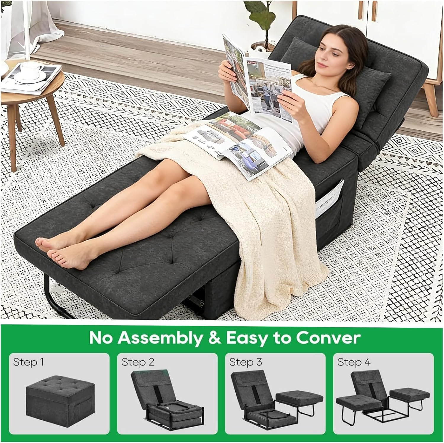 Sleeper Chair Sofa Bed, 4-in-1 Convertible Futon Chair Multi-Function Couch Folding Ottoman with Adjustable Backrest for Living Room Apartment Office, No Assembly Required, 29” Width,Dark Gray