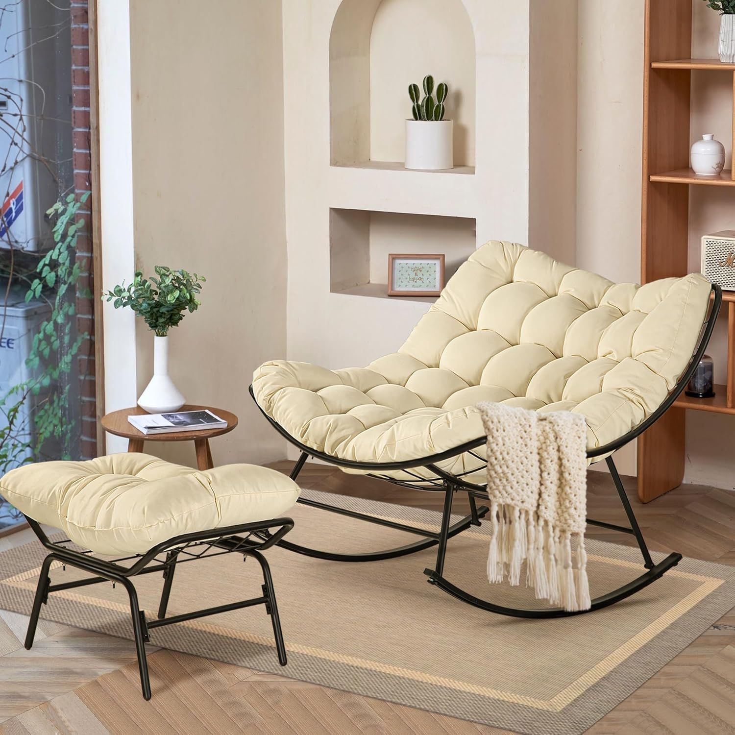 Patio Rocking Papasan Chair, Outdoor & Indoor Egg Reading Chair, Oversized Royal Comfy Cozy Lounge Rocker Recliner with Large Cushion, Steel Frame and Ottoman for Bedroom, Living Room,Beige