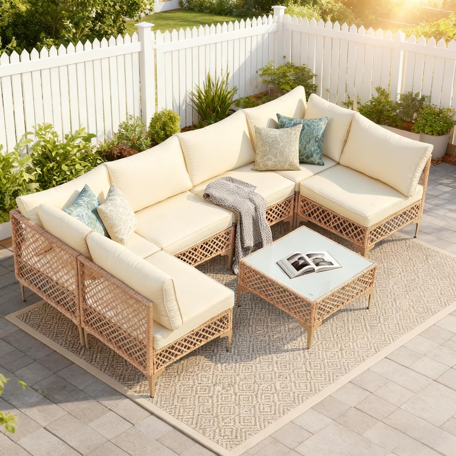 7-Piece Outdoor Sectional Sofa Set, Boho Rattan Patio Furniture with Thick Cushions and Coffee Table, All-Weather Conversation Set for Deck, Yard or Poolside, Natural/Beige