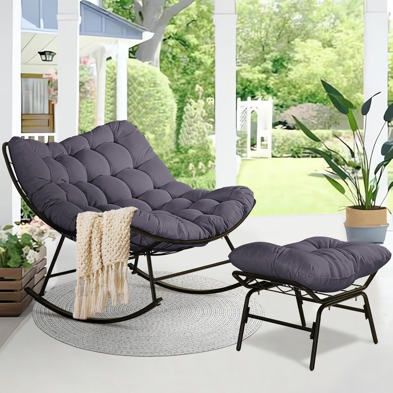 Patio Rocking Papasan Chair, Outdoor & Indoor Egg Reading Chair, Oversized Royal Comfy Cozy Lounge Rocker Recliner with Large Cushion, Steel Frame and Ottoman for Bedroom, Living Room, Gray
