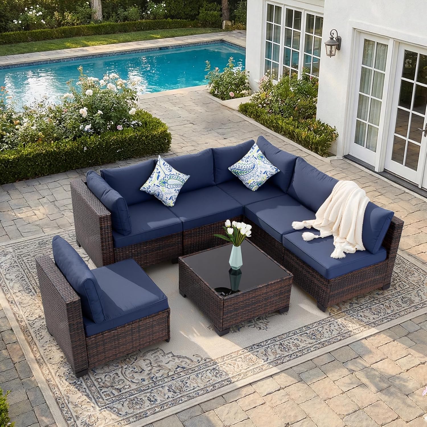 7 Piece Outdoor Wicker Patio Furniture Set, Rattan Sectional Sofa Conversation Set with Coffee Table & Cushions, for Poolside Backyard Garden Porch, Brown Wicker/Blue Cushion