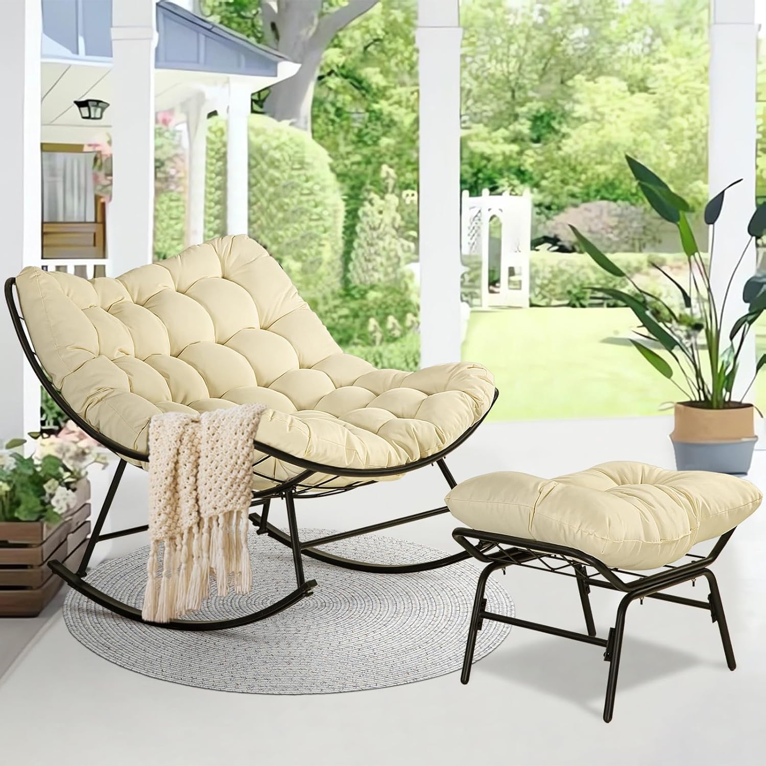 Patio Rocking Papasan Chair, Outdoor & Indoor Egg Reading Chair, Oversized Royal Comfy Cozy Lounge Rocker Recliner with Large Cushion, Steel Frame and Ottoman for Bedroom, Living Room,Beige