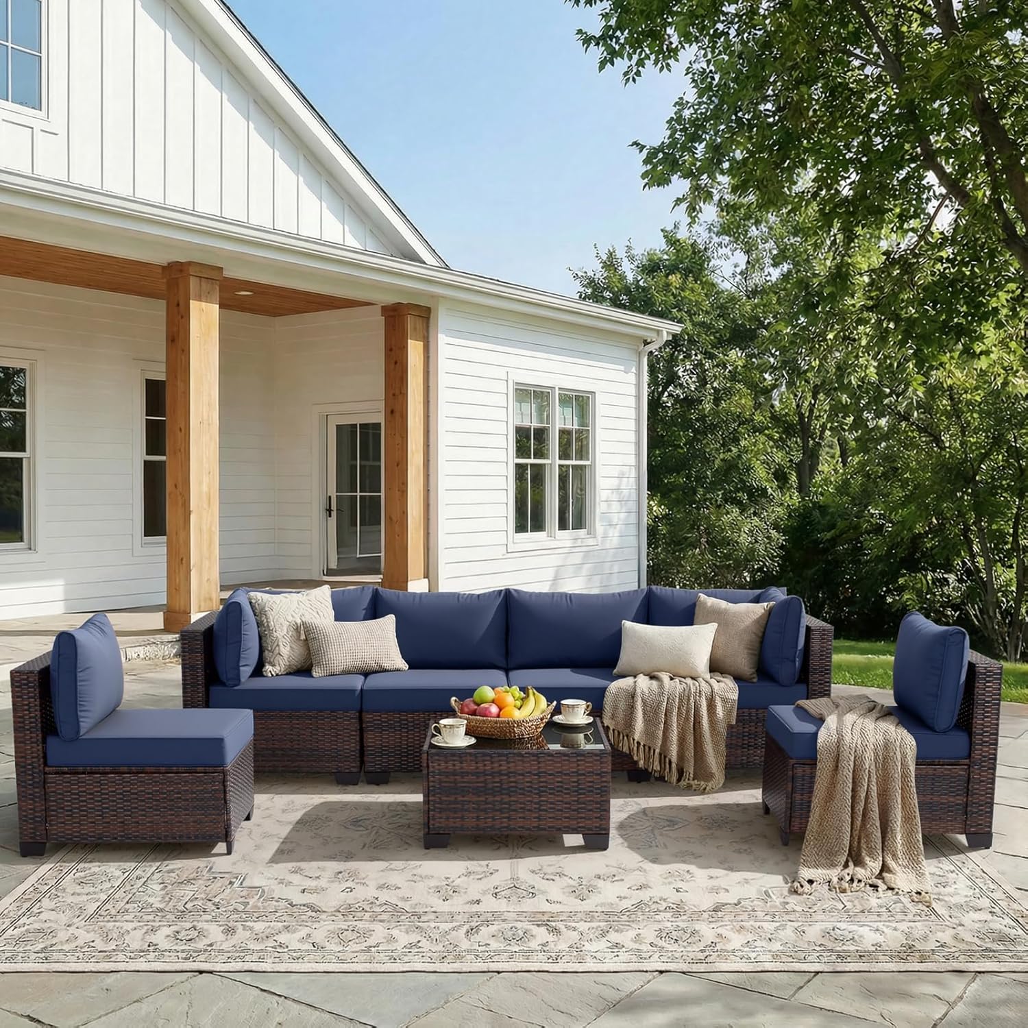 7 Piece Outdoor Wicker Patio Furniture Set, Rattan Sectional Sofa Conversation Set with Coffee Table & Cushions, for Poolside Backyard Garden Porch, Brown Wicker/Blue Cushion