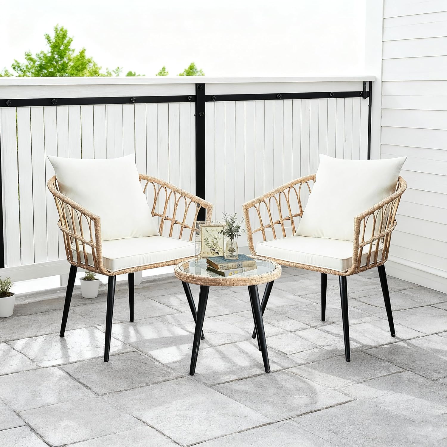 3 Piece Patio Bistro Set, Outdoor Wicker Furniture with Comfortable Cushions, Glass Top Table & 2 Rattan Chairs for Balcony, Apartment, Backyard, Porch, Deck, Beige