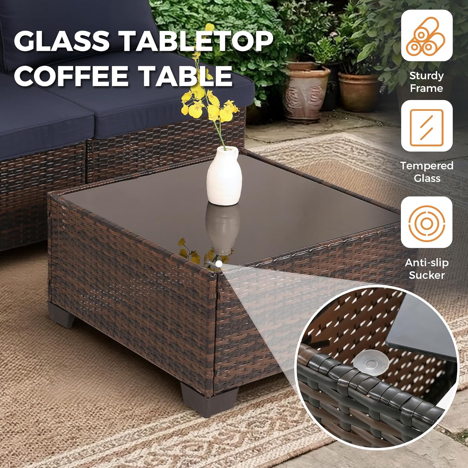 7 Piece Outdoor Wicker Patio Furniture Set, Rattan Sectional Sofa Conversation Set with Coffee Table & Cushions, for Poolside Backyard Garden Porch, Brown Wicker/Blue Cushion