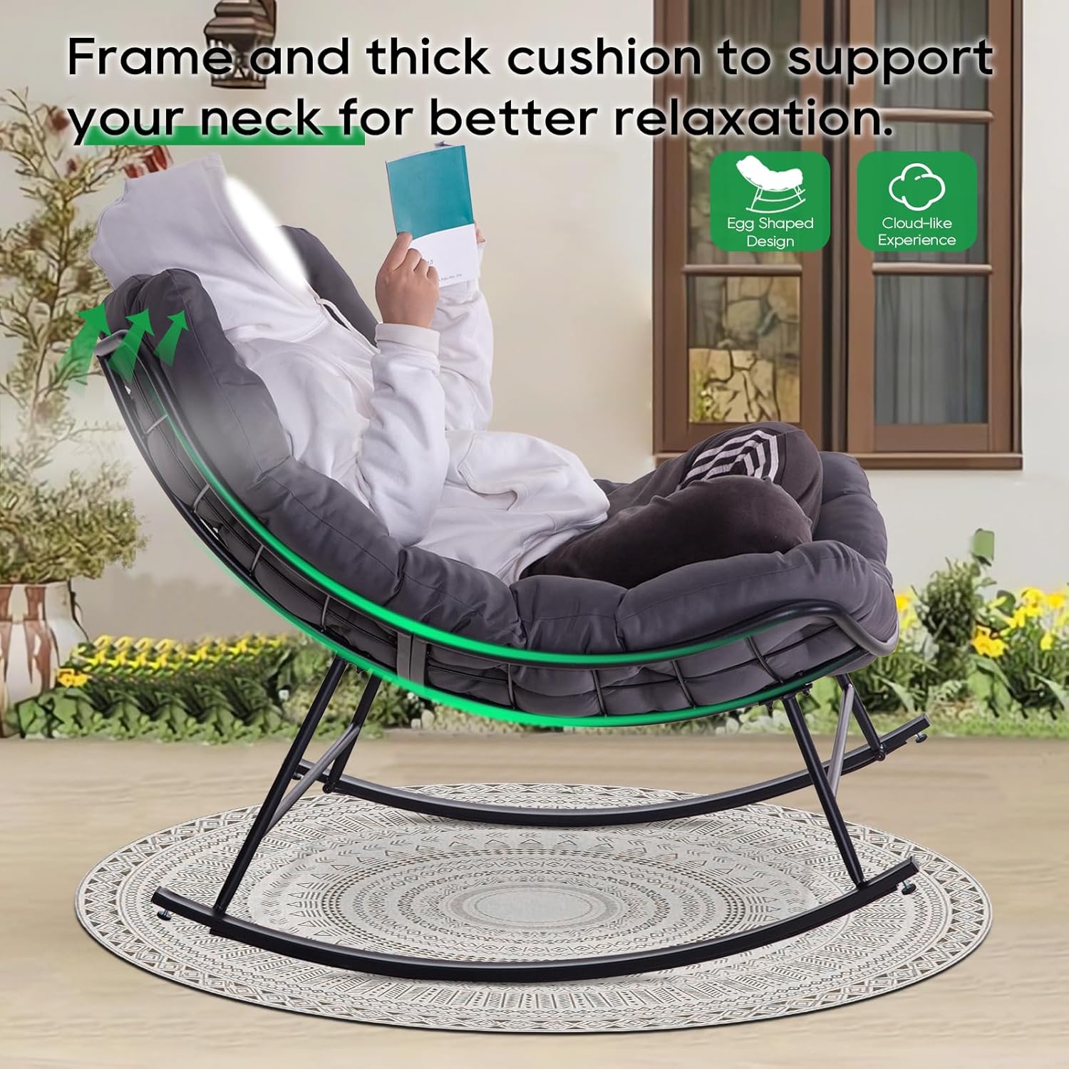 Patio Rocking Papasan Chair, Outdoor & Indoor Egg Reading Chair, Oversized Royal Comfy Cozy Lounge Rocker Recliner with Large Cushion, Steel Frame and Ottoman for Bedroom, Living Room, Gray