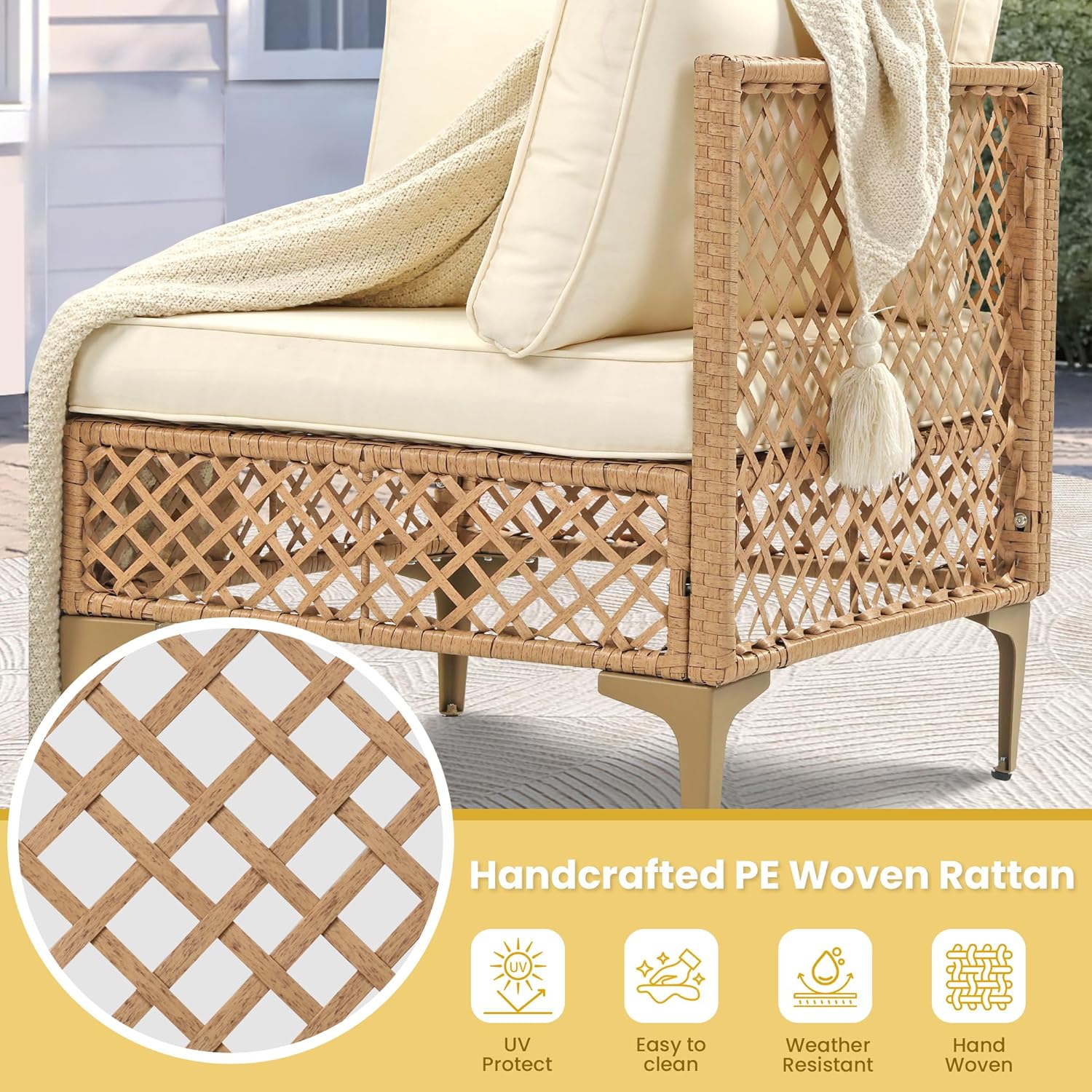 7-Piece Outdoor Sectional Sofa Set, Boho Rattan Patio Furniture with Thick Cushions and Coffee Table, All-Weather Conversation Set for Deck, Yard or Poolside, Natural/Beige