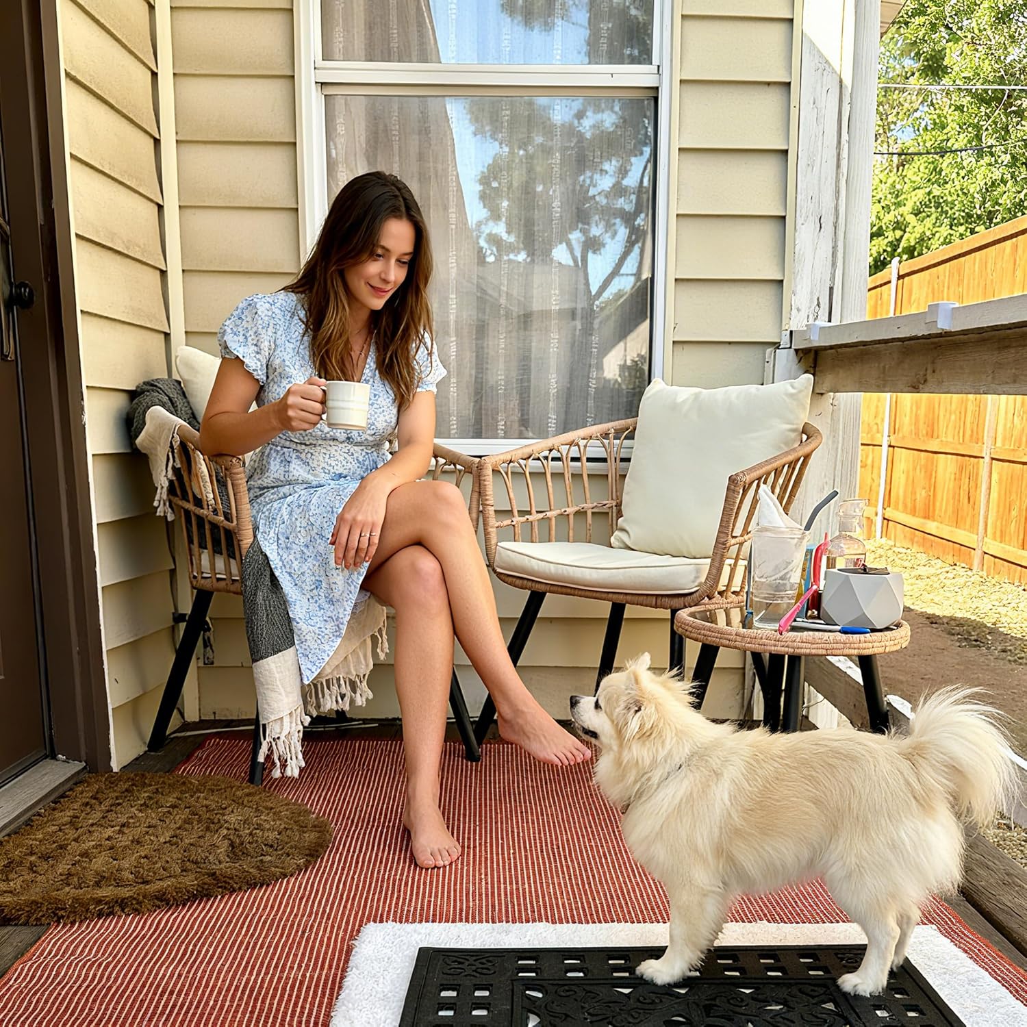 3 Piece Patio Bistro Set, Outdoor Wicker Furniture with Comfortable Cushions, Glass Top Table & 2 Rattan Chairs for Balcony, Apartment, Backyard, Porch, Deck, Beige