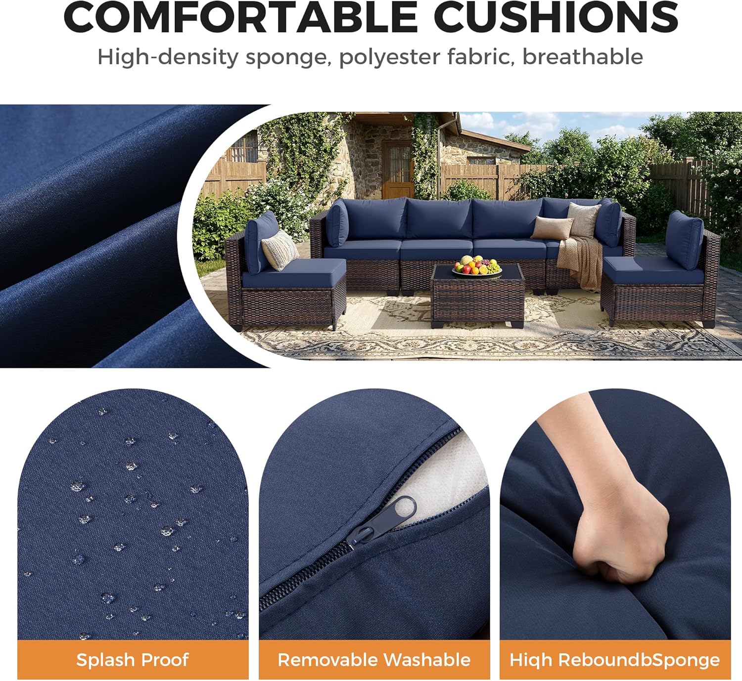 7 Piece Outdoor Wicker Patio Furniture Set, Rattan Sectional Sofa Conversation Set with Coffee Table & Cushions, for Poolside Backyard Garden Porch, Brown Wicker/Blue Cushion