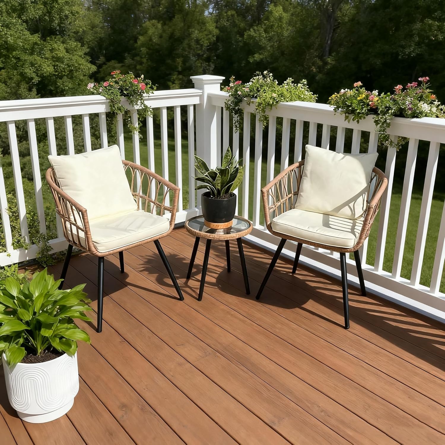 3 Piece Patio Bistro Set, Outdoor Wicker Furniture with Comfortable Cushions, Glass Top Table & 2 Rattan Chairs for Balcony, Apartment, Backyard, Porch, Deck, Beige