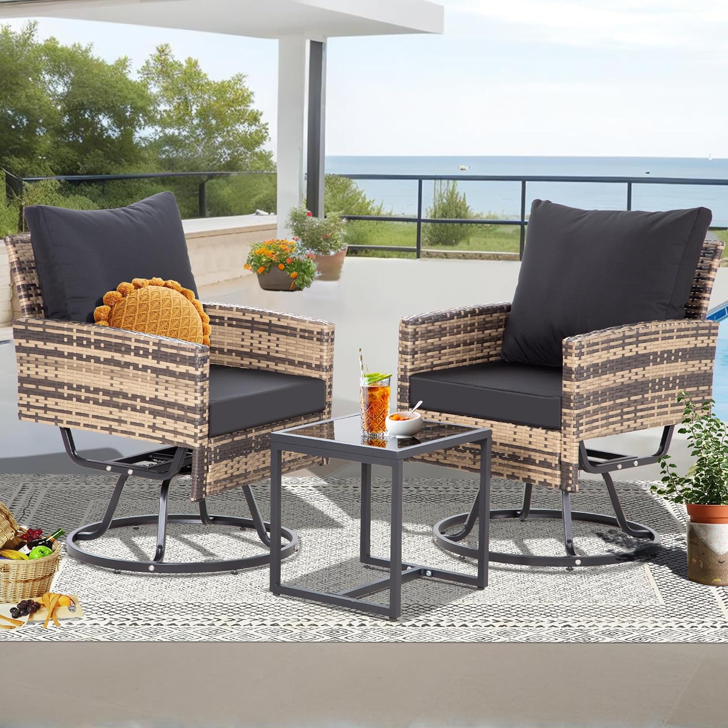 Outdoor Swivel Wicker Patio Chairs Set, 3 Piece Patio Furniture Bistro Set with Glass Coffee Table & Thickened Cushion for Outside Backyard Porch Garden Poolside Balcony, Brown/Black