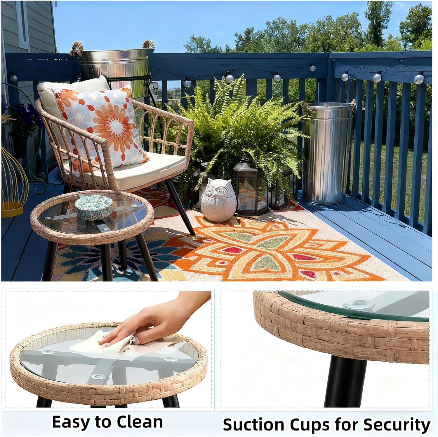 3 Piece Patio Bistro Set, Outdoor Wicker Furniture with Comfortable Cushions, Glass Top Table & 2 Rattan Chairs for Balcony, Apartment, Backyard, Porch, Deck, Beige