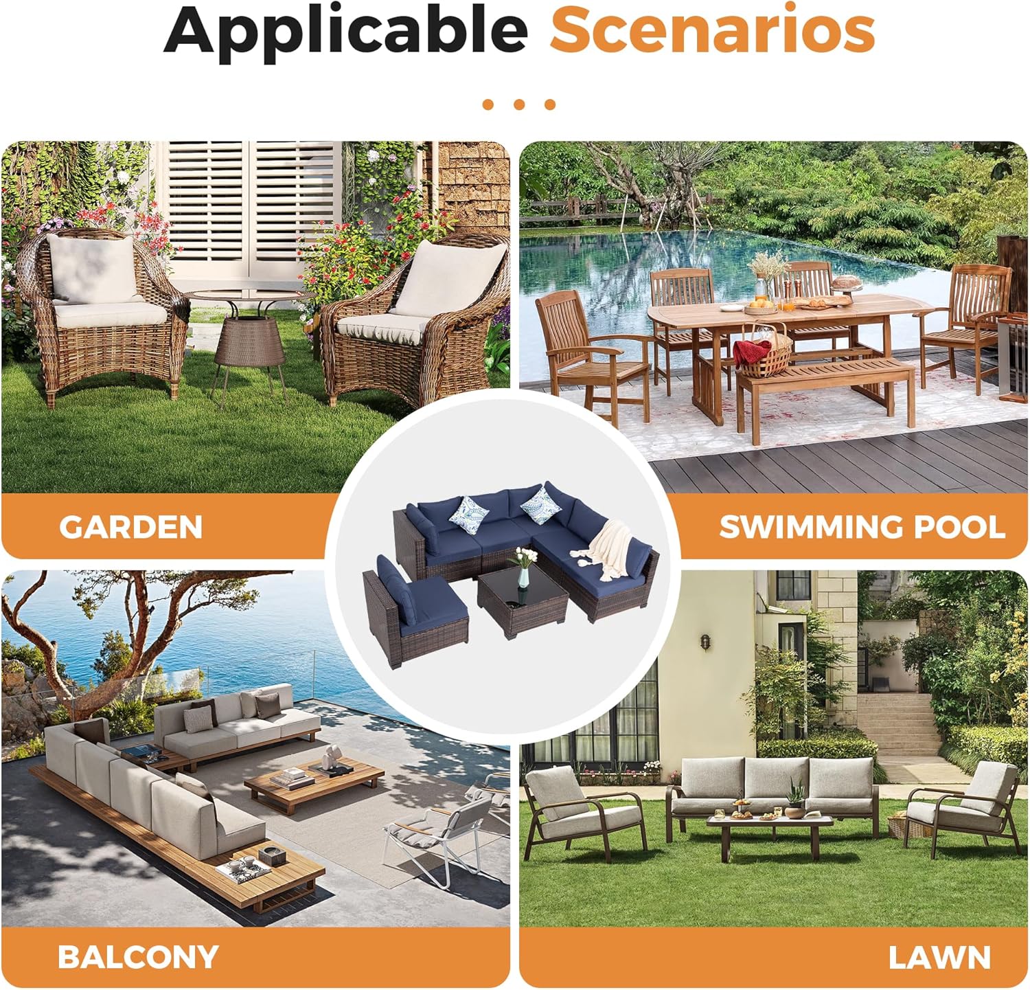 7 Piece Outdoor Wicker Patio Furniture Set, Rattan Sectional Sofa Conversation Set with Coffee Table & Cushions, for Poolside Backyard Garden Porch, Brown Wicker/Blue Cushion