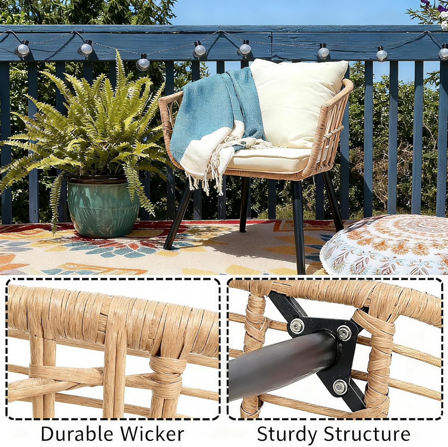 3 Piece Patio Bistro Set, Outdoor Wicker Furniture with Comfortable Cushions, Glass Top Table & 2 Rattan Chairs for Balcony, Apartment, Backyard, Porch, Deck, Beige